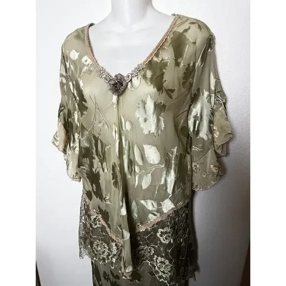 Vintage Spencer Alexis Silk Skirt Top Set Green Lace Velvet Burnout Size 12 - Picture 3 of 12